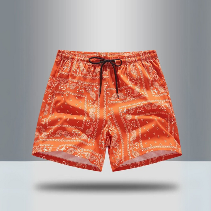 Legends men's retro paisley athletic shorts. Comfy drawstring design for activewear and streetwear.