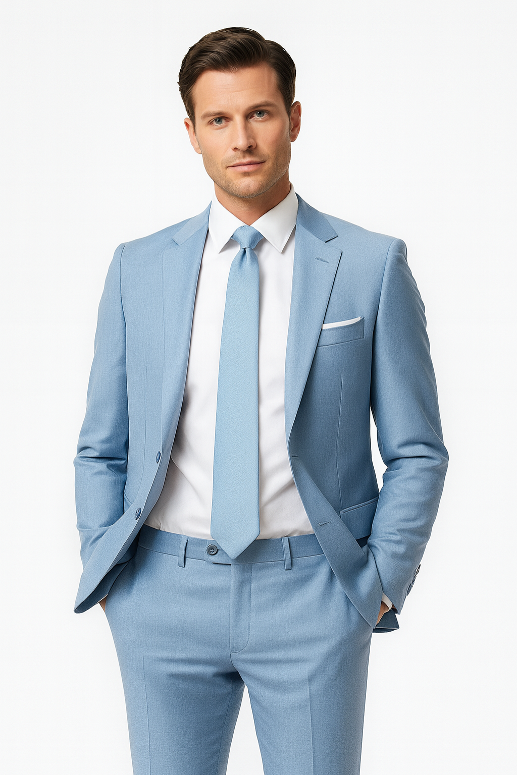 Men's light blue slim fit summer suit, two-piece, lightweight for weddings or business casual. Stay cool & sharp.