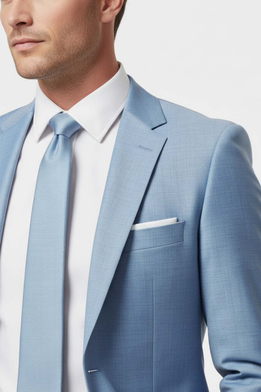 Tailored men's slim fit light blue summer suit. Perfect for warm weather formalwear, weddings, or smart casual events.