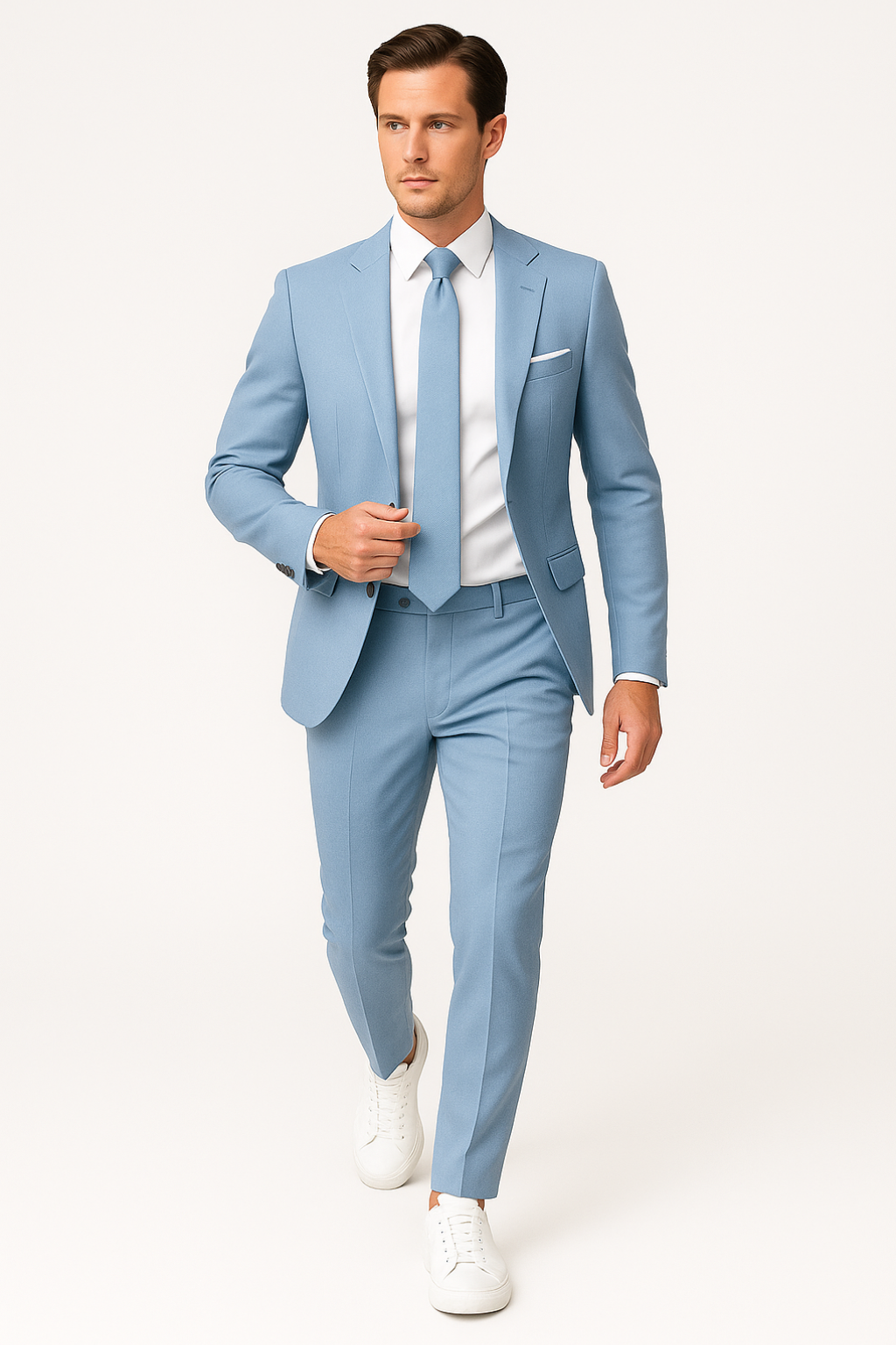 Two-piece men's lightweight slim fit summer suit in light blue. Ideal for comfortable, sharp formal or business looks.