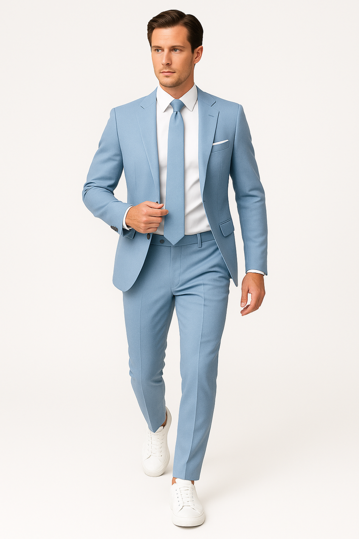 Two-piece men's lightweight slim fit summer suit in light blue. Ideal for comfortable, sharp formal or business looks.