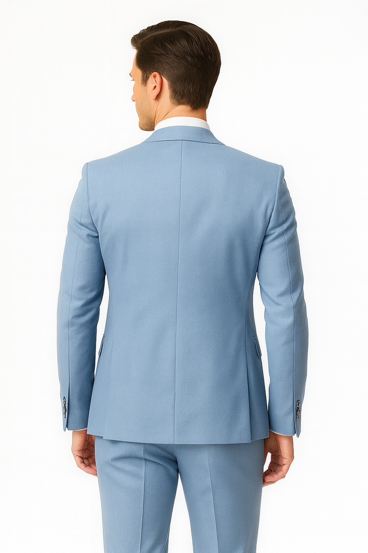 Modern men's light blue slim fit summer suit. Versatile two-piece formalwear for business, weddings & summer fashion.