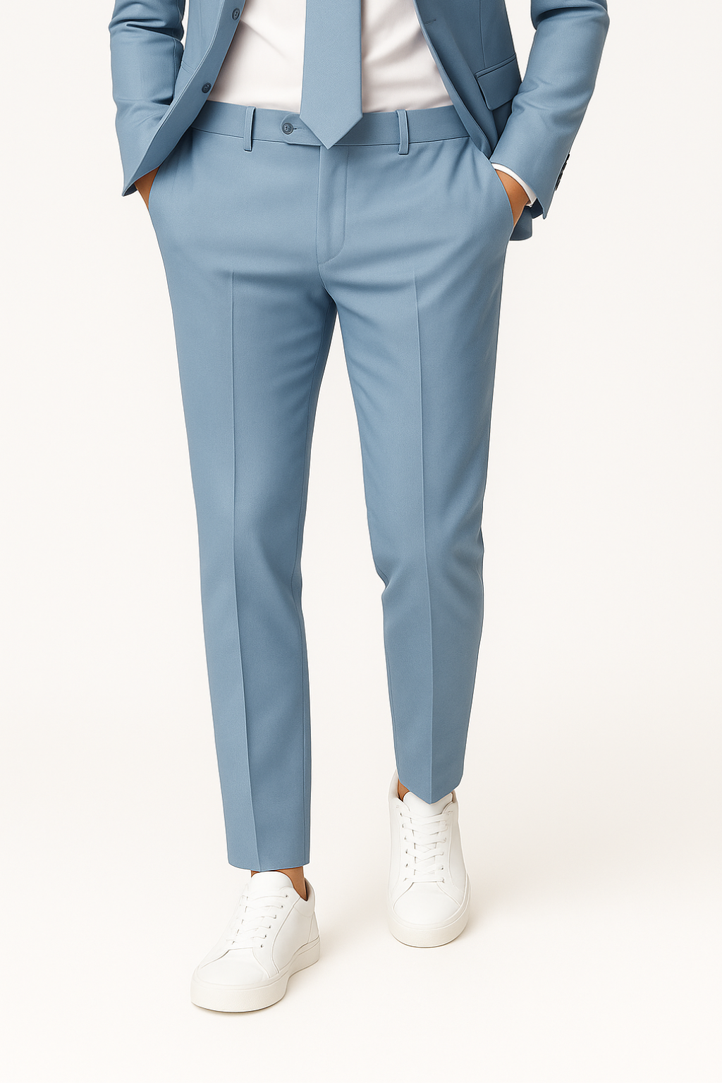 Elegant men's light blue slim fit summer suit. Lightweight two-piece ideal for warm weather business, weddings & events.