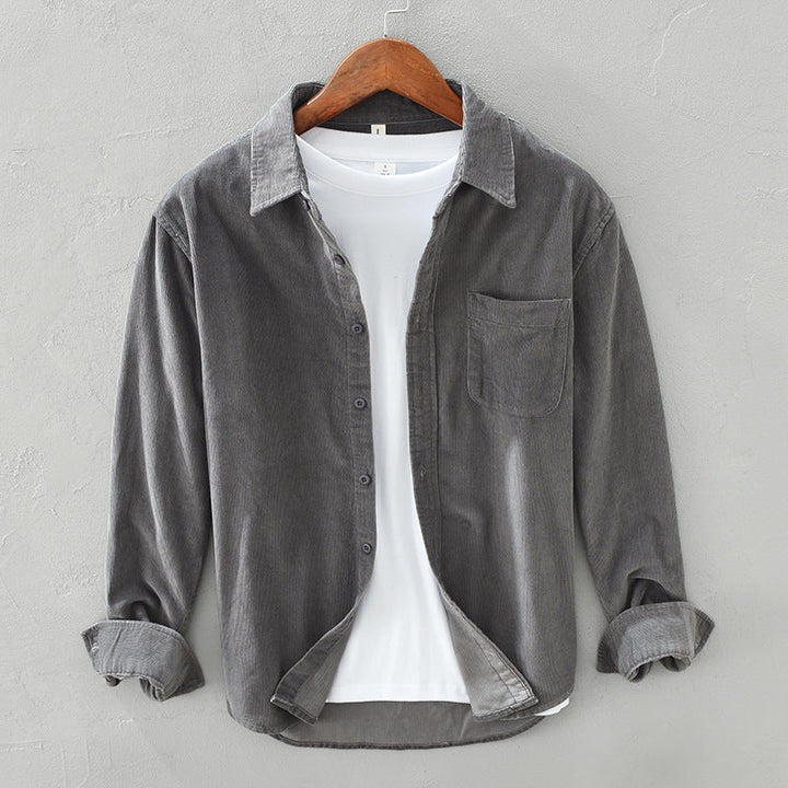 Men's light gray button-up casual shirt with a chest pocket, perfect for everyday wear and versatile styling.