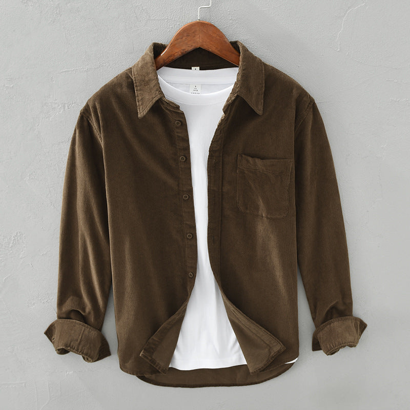Dark gray men's button-up shirt, a stylish long-sleeve casual top with a chest pocket for modern fashion.