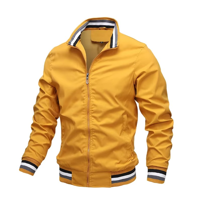 Detailed view of a men's lightweight zipper bomber jacket, highlighting its mandarin collar and smooth fabric.