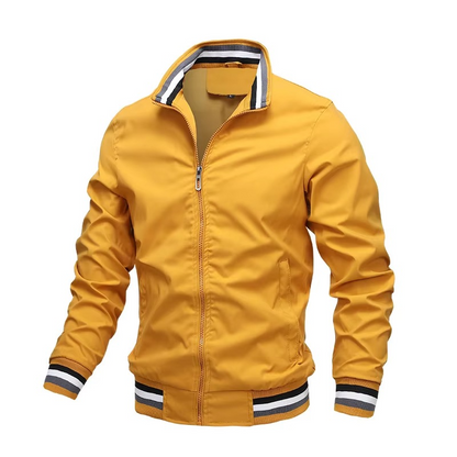 Detailed view of a men's lightweight zipper bomber jacket, highlighting its mandarin collar and smooth fabric.