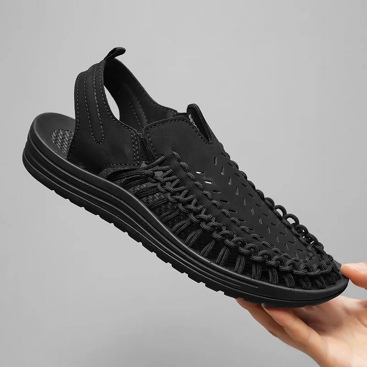 Front view of men's summer braided sandals, showcasing their casual style and walking comfort.