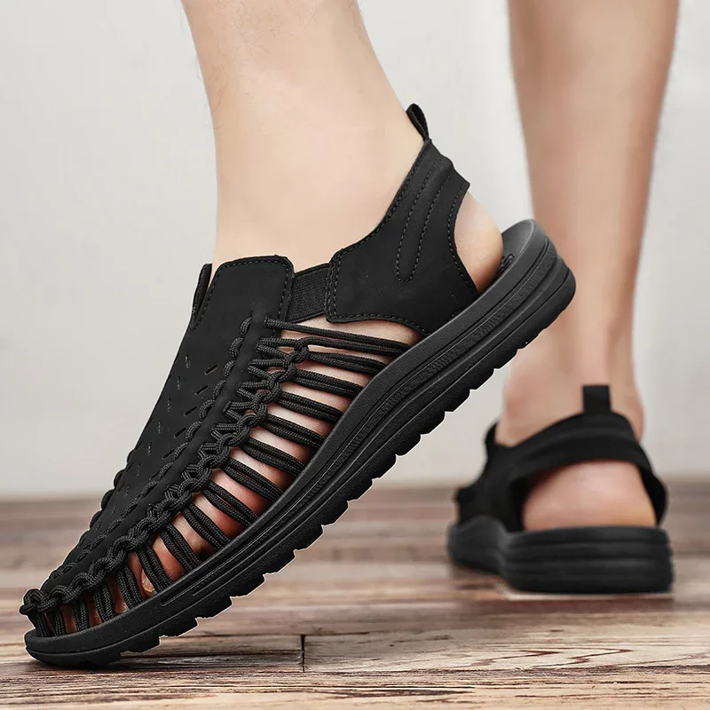 Lightweight men's sandals with a braided upper, offering superior comfort for summer outdoor activities.