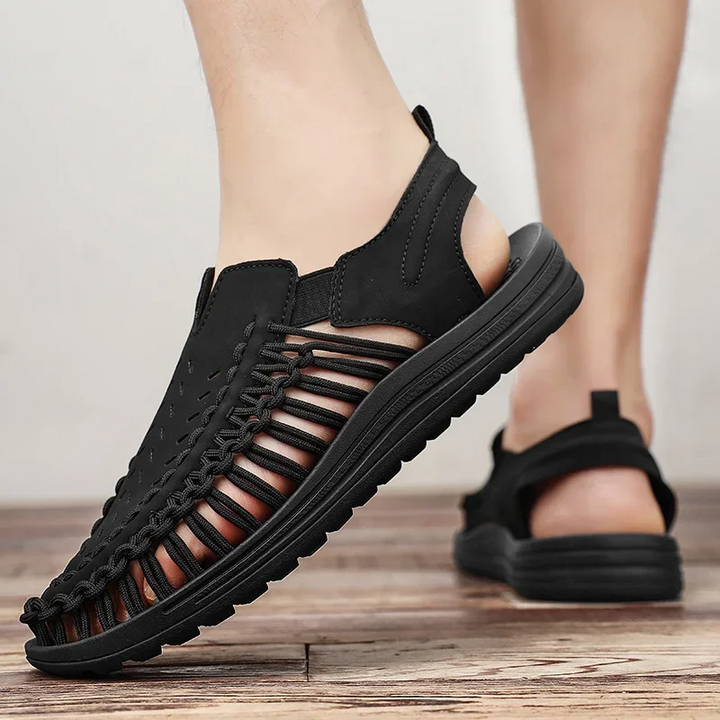 Lightweight men's sandals with a braided upper, offering superior comfort for summer outdoor activities.