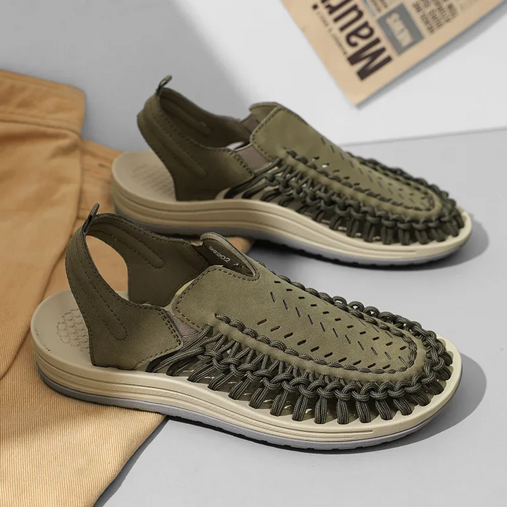 Top view of men's summer adventure sandals, showing braided straps & comfortable footbed.