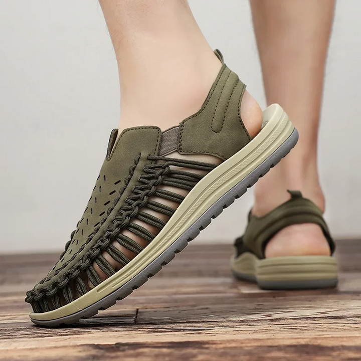 Pair of men's braided walking sandals, designed for ultimate lightweight comfort and outdoor breathability.