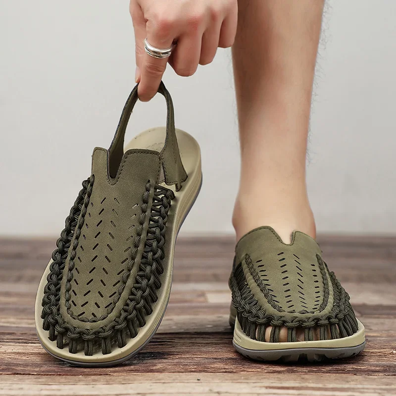 Close-up of the braided strap on men's lightweight sandals, highlighting design & breathability.