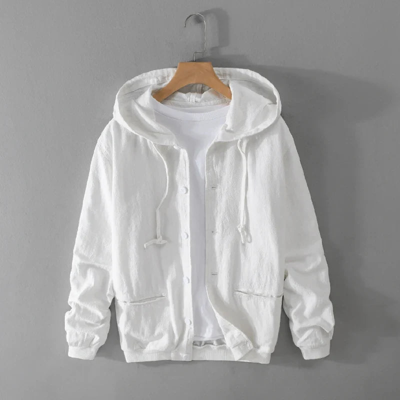 Man wearing a lightweight breathable men's leisure hoodie, ideal for casual style & everyday comfort.