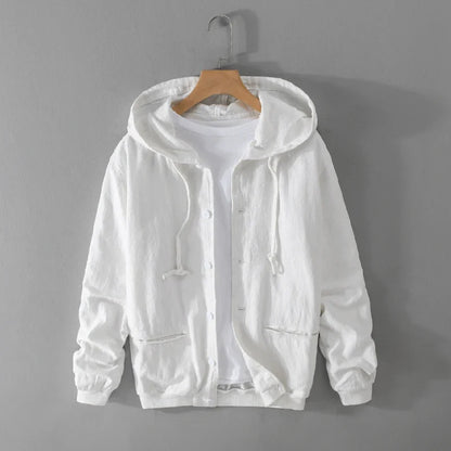 Man wearing a lightweight breathable men's leisure hoodie, ideal for casual style & everyday comfort.
