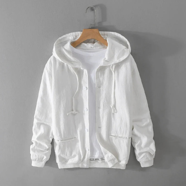 Man wearing a lightweight breathable men's leisure hoodie, ideal for casual style & everyday comfort.