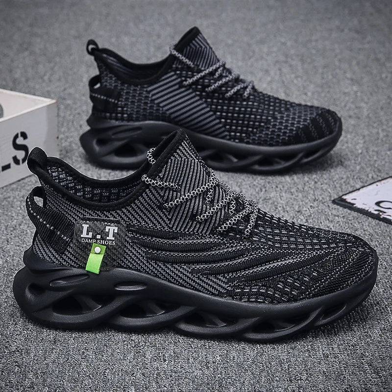 Pair of men's mesh running and jogging sneakers, showcasing breathable design and shock absorption.