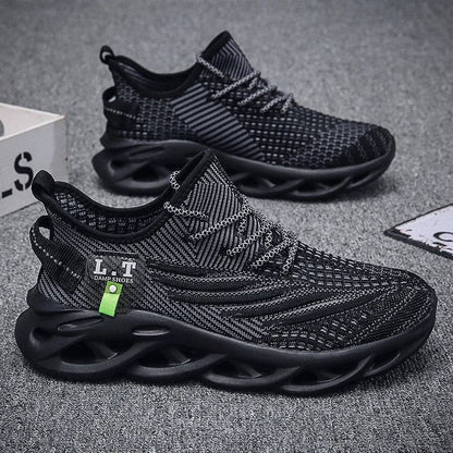 Pair of men's mesh running and jogging sneakers, showcasing breathable design and shock absorption.