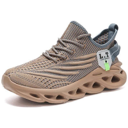 Men's athletic mesh sneakers in black, designed for running, breathability, and shock absorption.