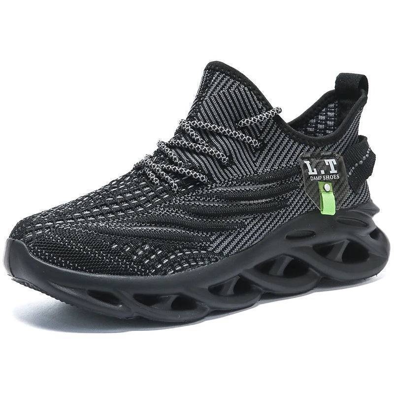 Detail of the sole on men's running shoes, featuring shock absorption technology for jogging.