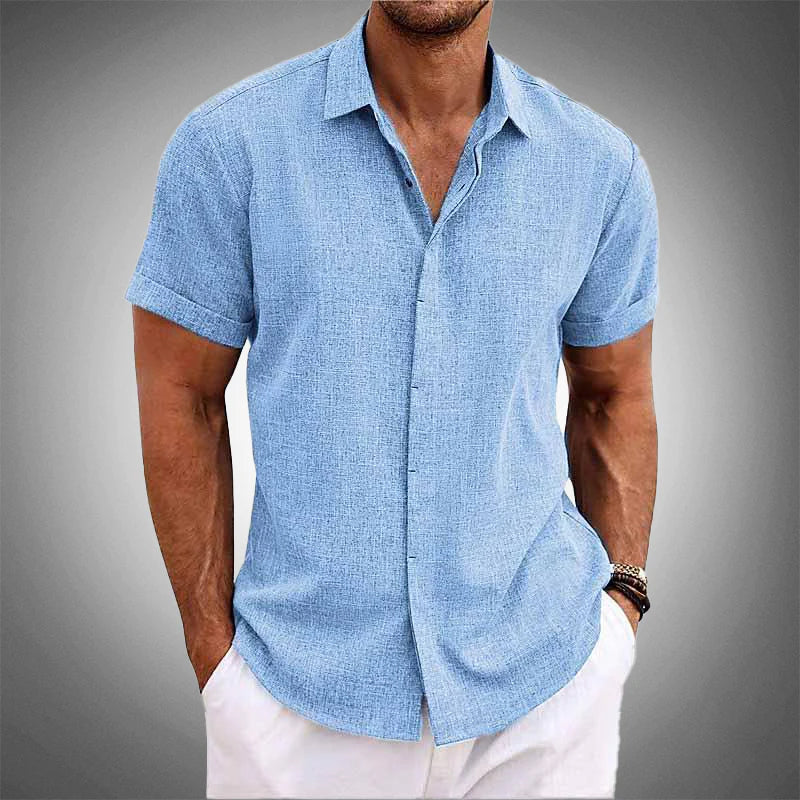 Men's lightweight, breathable short-sleeve button-up shirt for casual summer style.