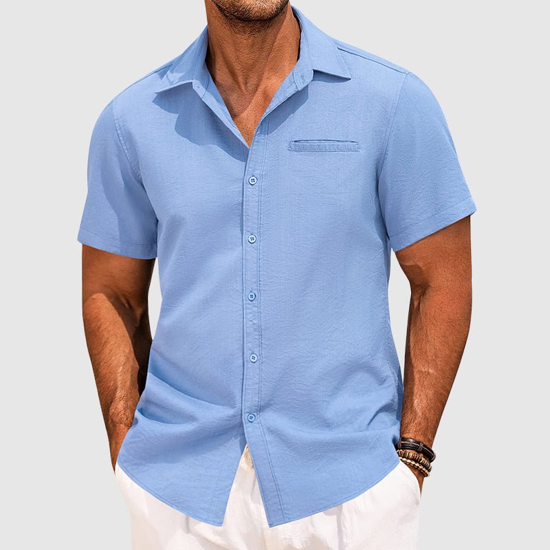 Comfortable men's short sleeve button-down shirt, perfect for casual or semi-formal summer wear, with a chest pocket.