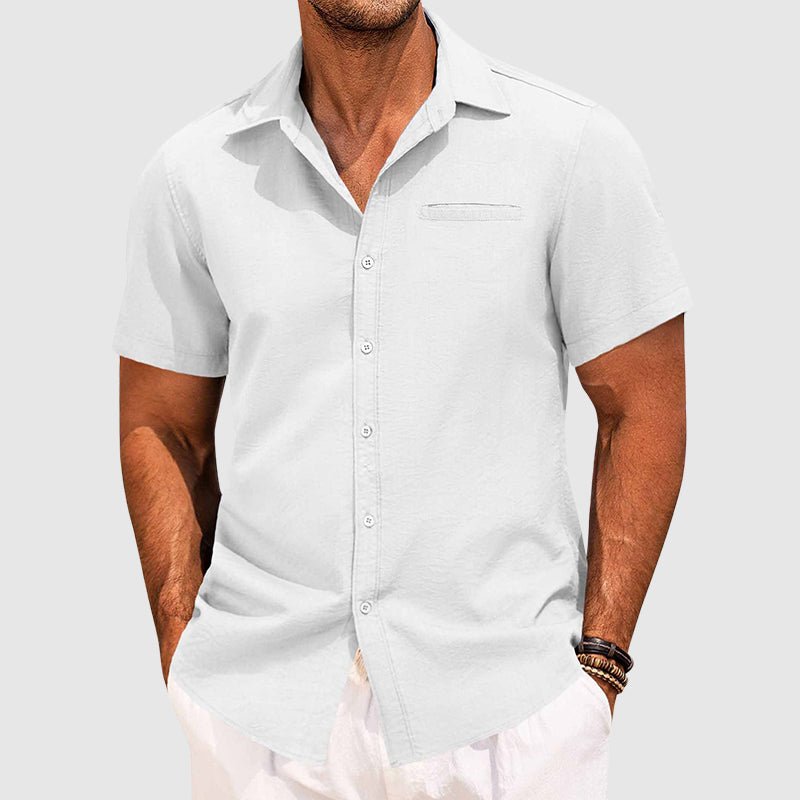 Versatile men's summer shirt, short sleeve button-down style, featuring a neat lapel collar and practical chest pocket.