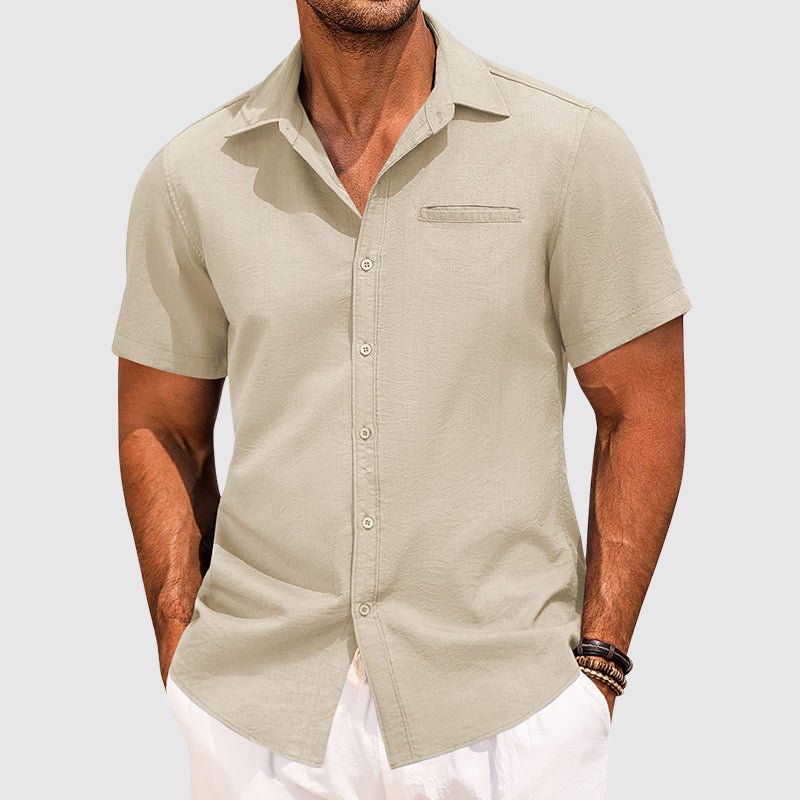 Lightweight men's fashion short sleeve summer shirt, button-down design, featuring a single chest pocket and collar.