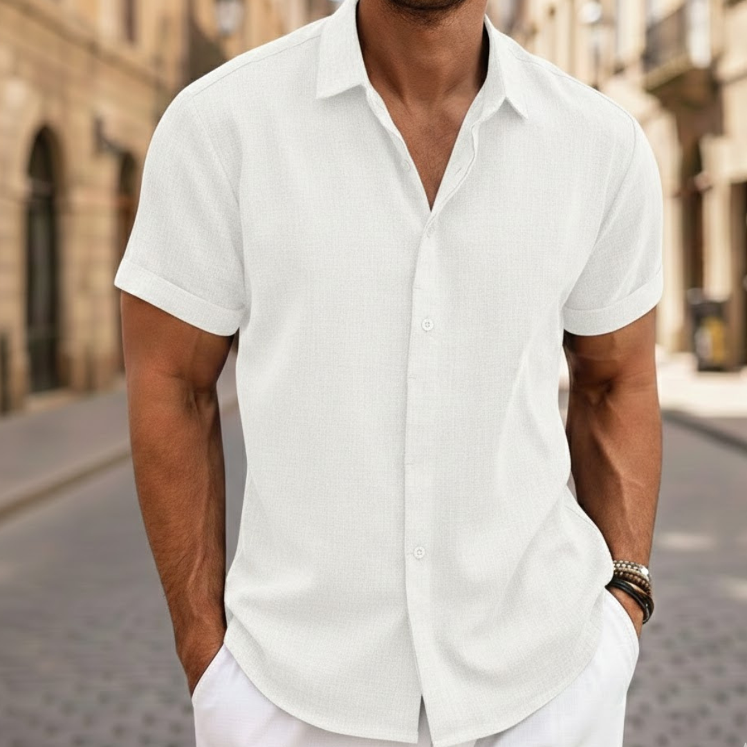 Stylish men's fashion polo, button-front. Comfortable, lightweight short sleeve shirt for summer casual.
