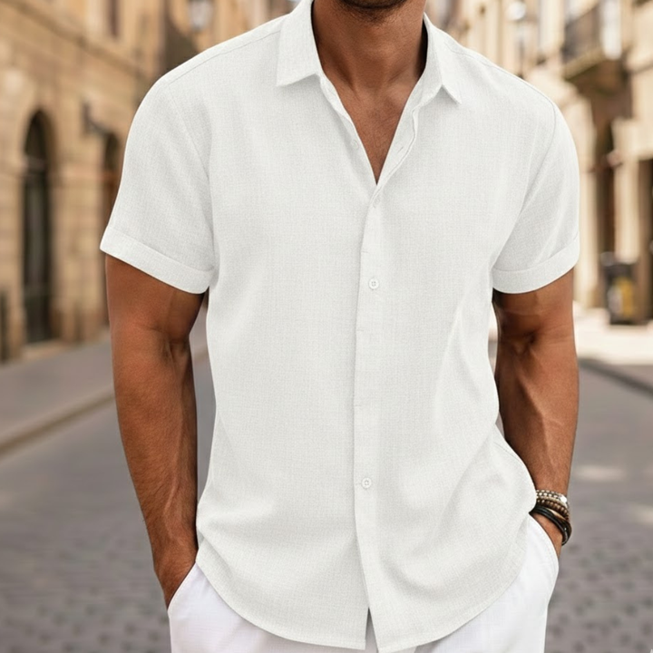 Stylish men's fashion polo, button-front. Comfortable, lightweight short sleeve shirt for summer casual.