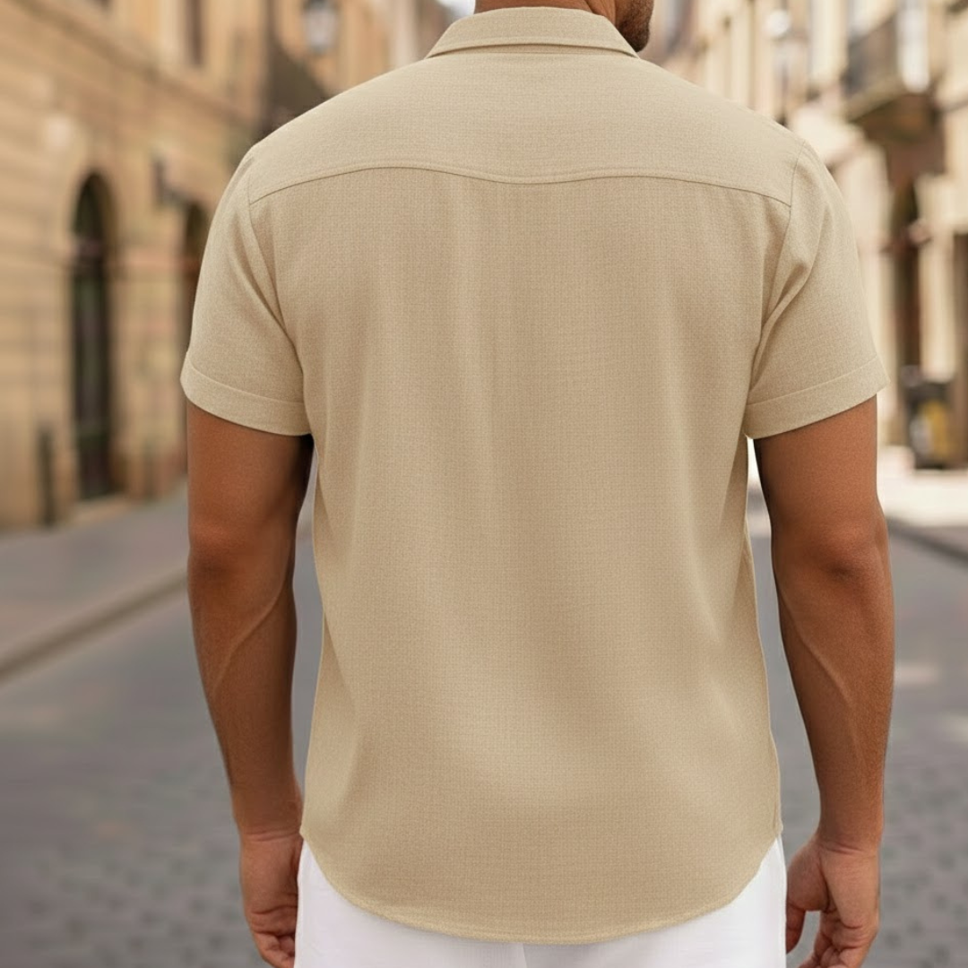 Adult men's short sleeve polo shirt, button-front. Casual summer fashion, lightweight & comfortable.