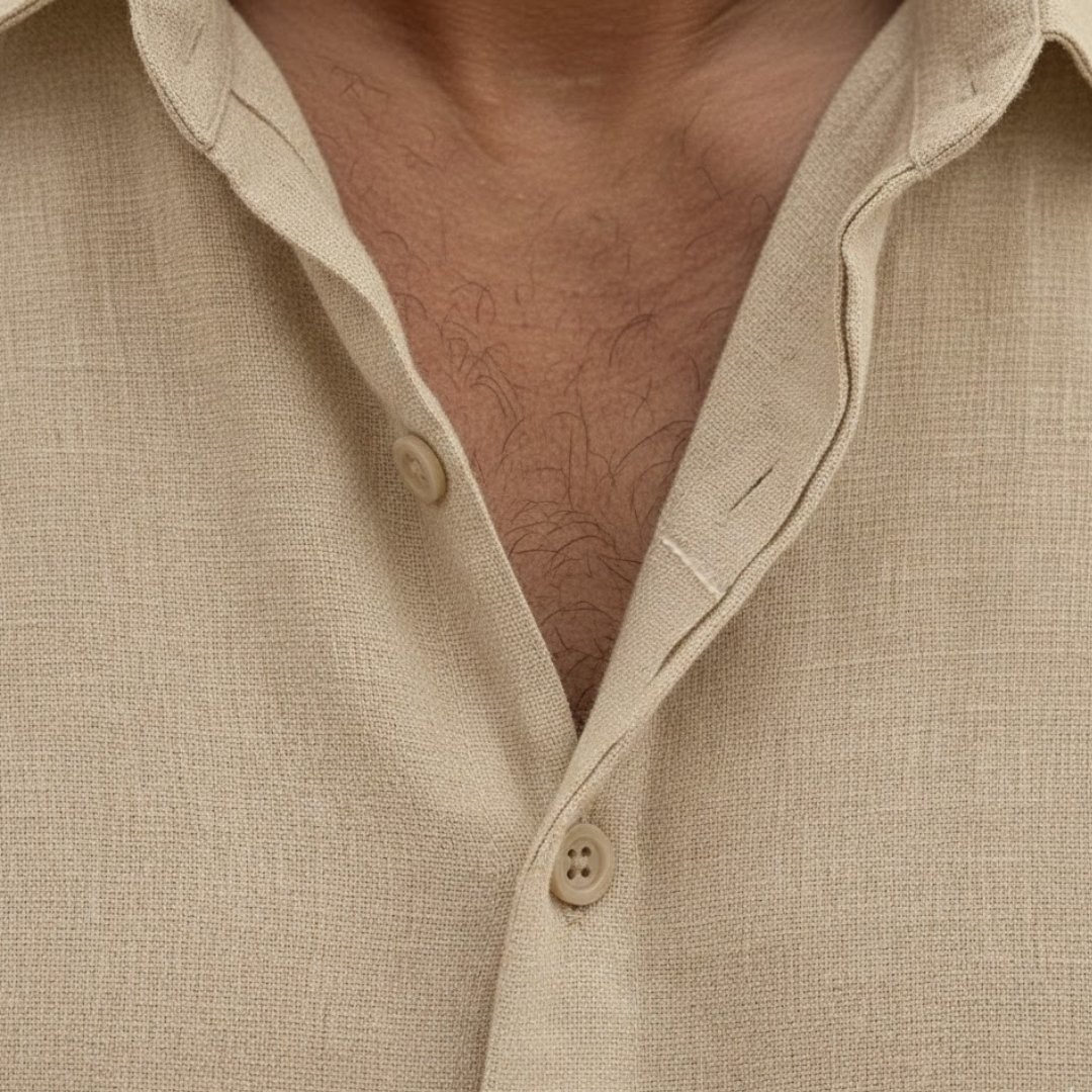 Menswear short sleeve polo, button-front, lightweight & versatile for warm summer days.
