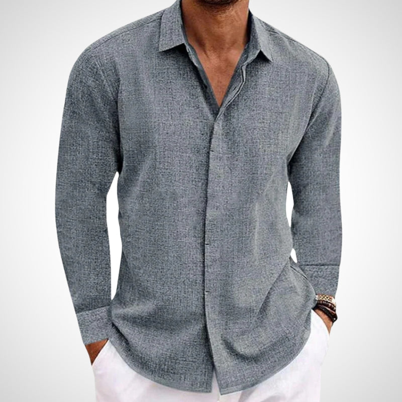 Versatile men's long sleeve button-up shirt, perfect for everyday casual wear & summer layering. Lightweight & breathable.