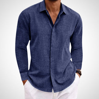 Comfortable men's lightweight button-up shirt with breathable fabric, ideal for warm weather, summer & spring casual style.
