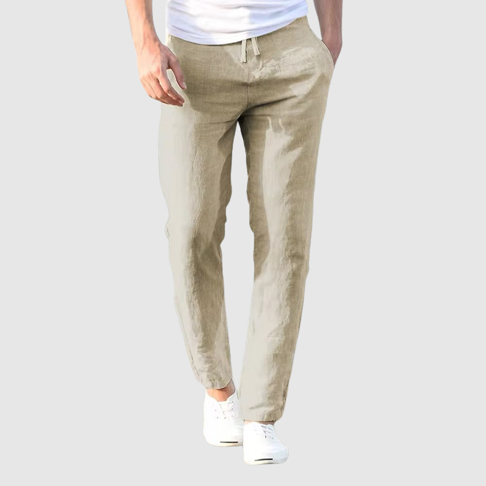 Breathable fabric on men's lightweight casual drawstring pants, perfect comfortable bottoms for travel & daily wear.