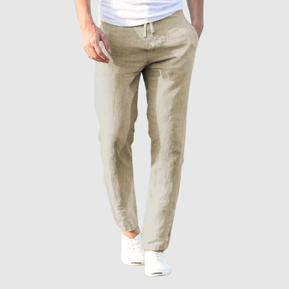 Breathable fabric on men's lightweight casual drawstring pants, perfect comfortable bottoms for travel & daily wear.