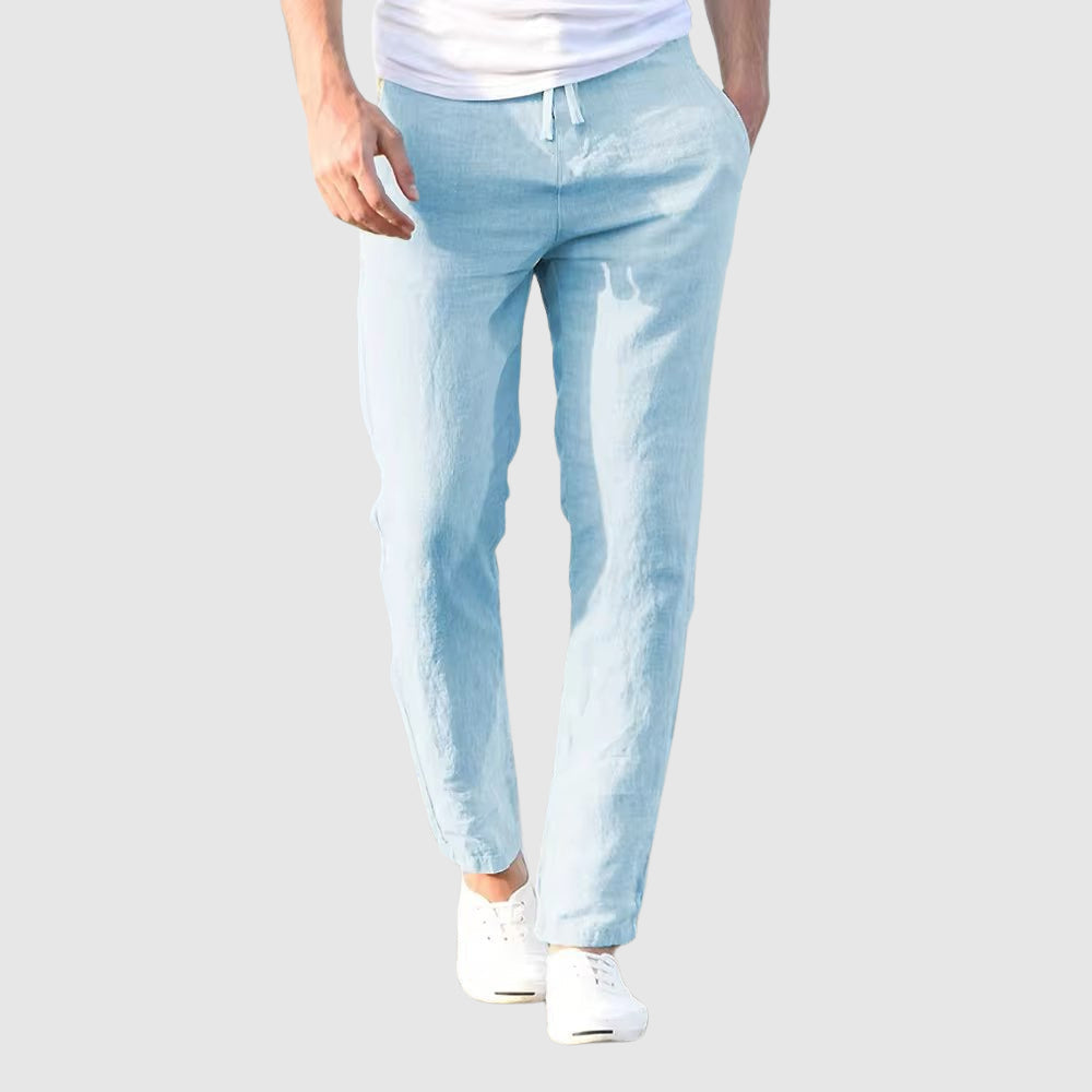 Detail shot of the adjustable drawstring waist on men's lightweight casual pants for a custom, relaxed fit.