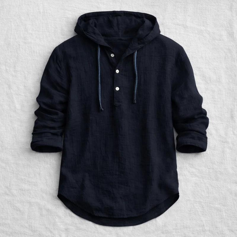 Lightweight hooded shirt for men, casual long-sleeve design, great for spring/summer relaxed wear.
