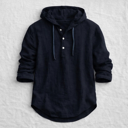 Lightweight hooded shirt for men, casual long-sleeve design, great for spring/summer relaxed wear.