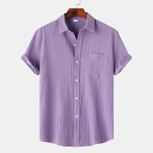 Men's lightweight coastal button-down shirt. Classic fit, short-sleeve, ideal for summer casual & resort wear.