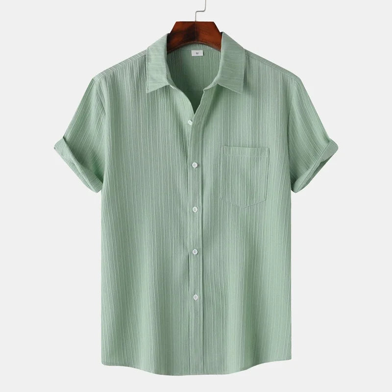 Smart casual men's lightweight button-down shirt. Coastal-inspired, spread collar, great for summer outings.