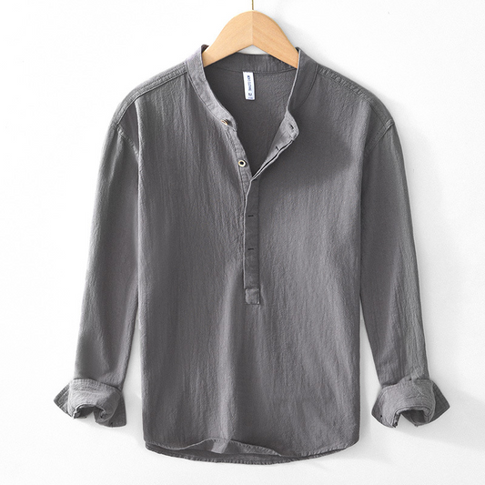 Men's lightweight collarless popover shirt for summer, breathable long sleeve casual wear.