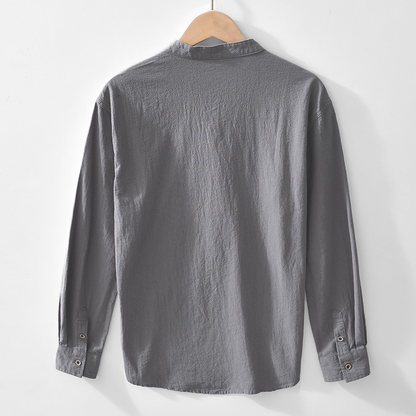 Stylish men's collarless popover shirt, ideal for summer beach days, vacations, or smart casual outfits.