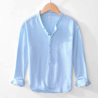 Collarless men's popover shirt, a lightweight long sleeve option for comfortable summer casual and vacation wear.