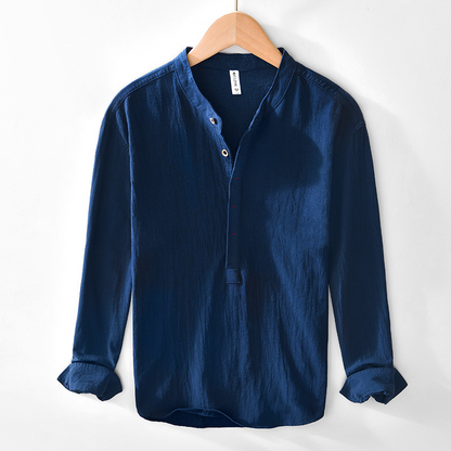 Comfortable men's summer popover shirt. Lightweight, breathable long sleeve, great for beach, vacation, casual.