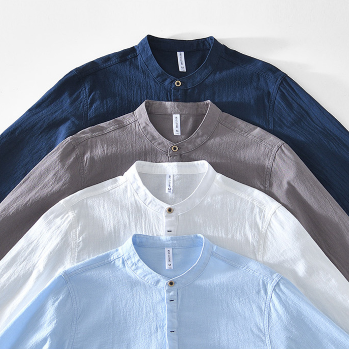New men's lightweight collarless popover shirt. Long sleeve, breathable, perfect for summer casual & vacation.