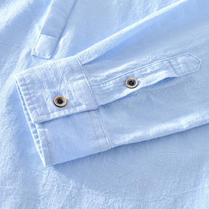Essential men's summer shirt: lightweight, breathable, collarless popover style with comfortable long sleeves.