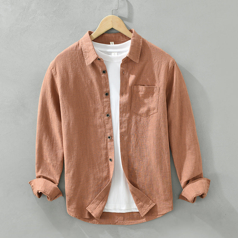 Front view of a men's lightweight long sleeve shirt, designed for comfort and effortless smart casual style.