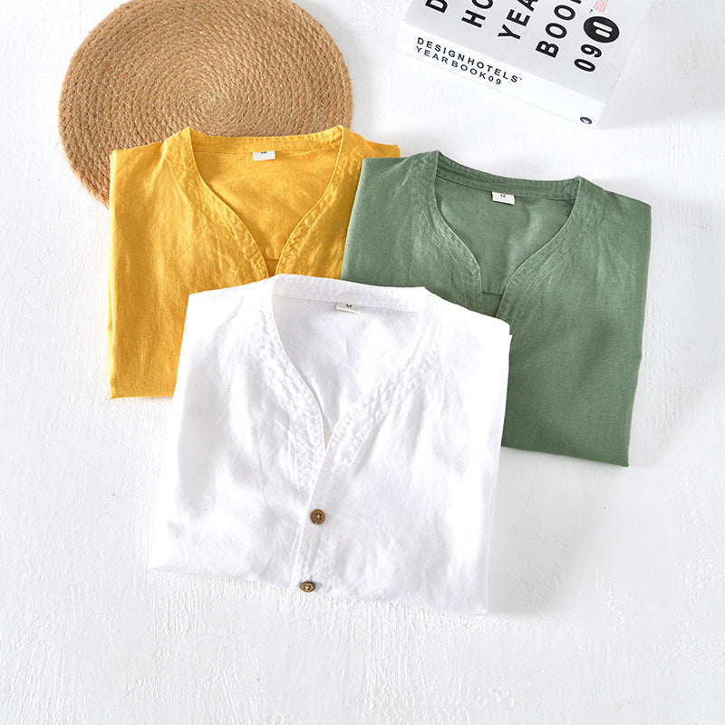 Man wearing a comfortable lightweight short-sleeve button-up shirt, perfect for casual summer style.