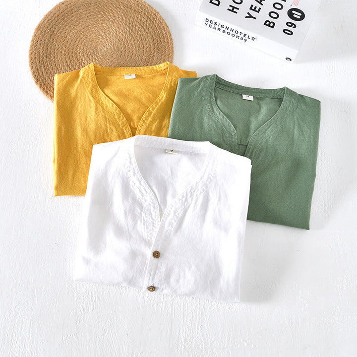 Man wearing a comfortable lightweight short-sleeve button-up shirt, perfect for casual summer style.